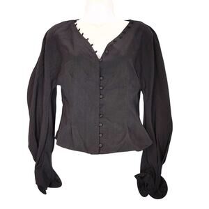 Beulah Blouse Long Sleeve Button Front V-Neck Classic Fit Black Womens Size M